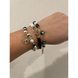 Erimish Beaded Bracelets Black White Gold Skull Star Triangle Stack 3 pc #2